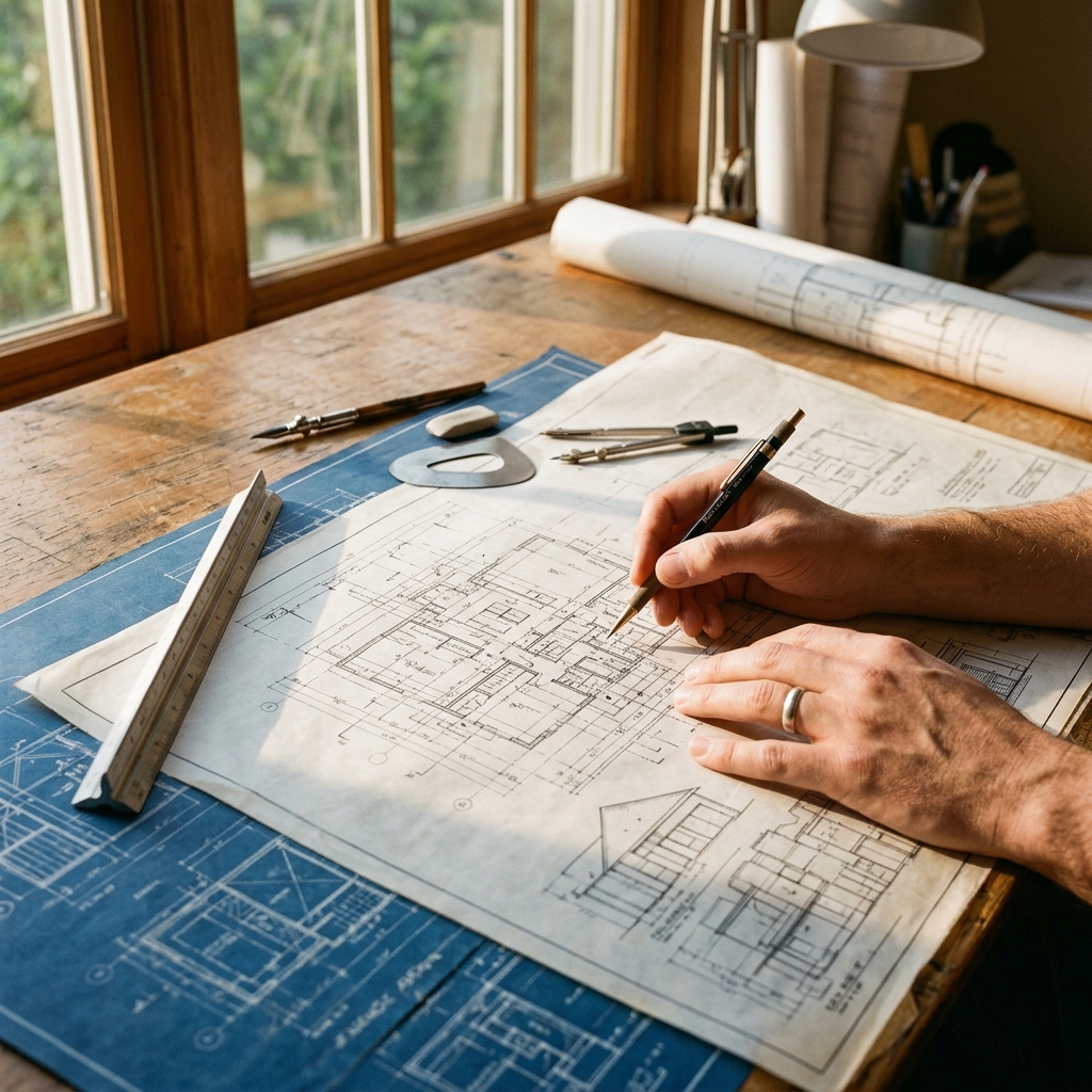Architect reviewing detailed floor plans and site survey for luxury home